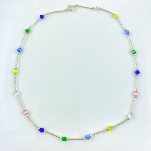 New Sterling Silver 925 Multicolor Synthetic Cat's Eye Beaded Necklace 15.75" - Picture 2 of 5
